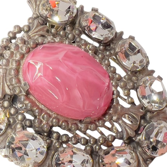 Vintage Clear Glass Stone & Pink Acrylic Cabochon Pot-metal Comb (Former Clip) - Picture 4 of 10